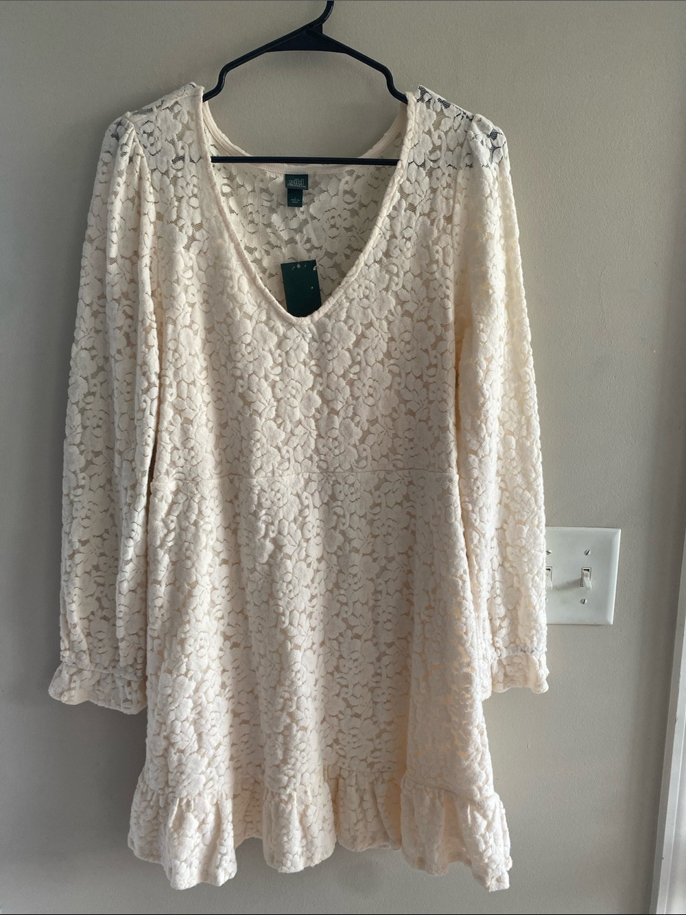 Ivory Lace V-Neck Long Sleeve Dress with Ruffle Hem